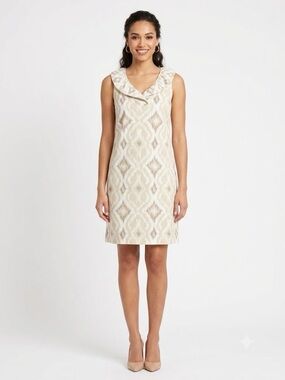 Gretchen Scott Designs Ikat Print Ruffle Collar Shift Dress Beige Taupe Size Med